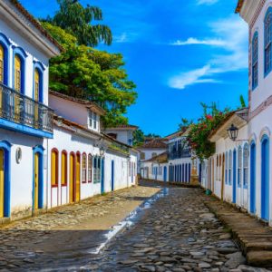 Street of historical center in Paraty, Rio de Janeiro, Brazil. Paraty is a preserved Portuguese colonial and Brazilian Imperial municipality